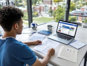 Estudiante atleta internacional revisando documentos académicos para traducción NCAA - Proceso de elegibilidad deportiva