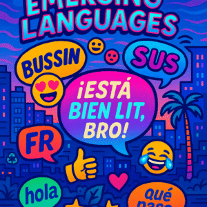 Cartoonish digital illustration of emerging languages featuring emoji speech bubbles, brainrot slang, and characters speaking Miami Spanglish with a tropical, digital backdrop