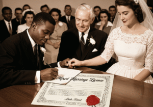A mixed couple signs a marriage certificate in the 1950s, surrounded by both supportive and uneasy onlookers. The composition highlights love overcoming societal barriers